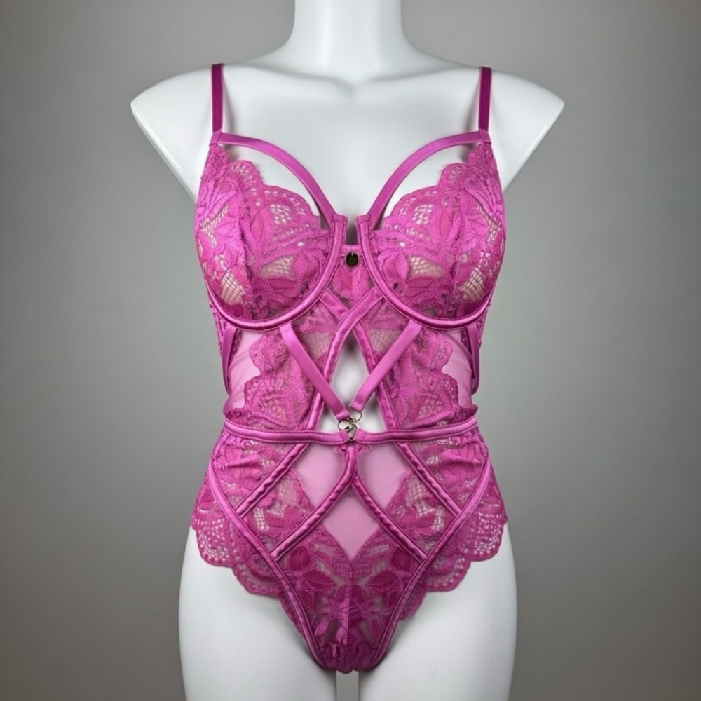 Vamp by Bras N Things - Divine Pink Bodysuit w/Lace & Satin Trim